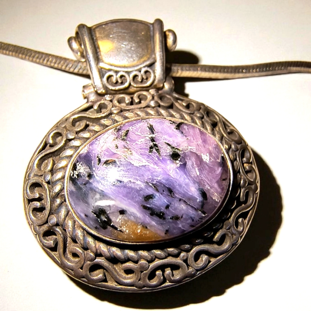 Vintage Charoite And Sterling Silver Heavy Statement Pendant Necklace